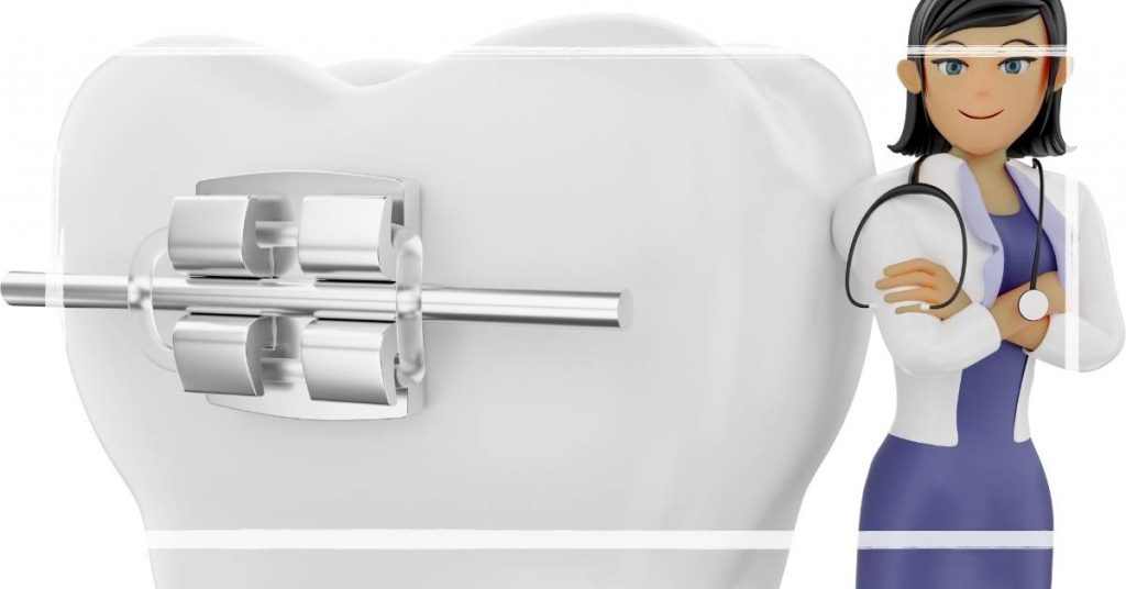 a cartoon orthodontist with a stethoscope showing a tooth fitted with decorative gold-colored diamond-style braces.
