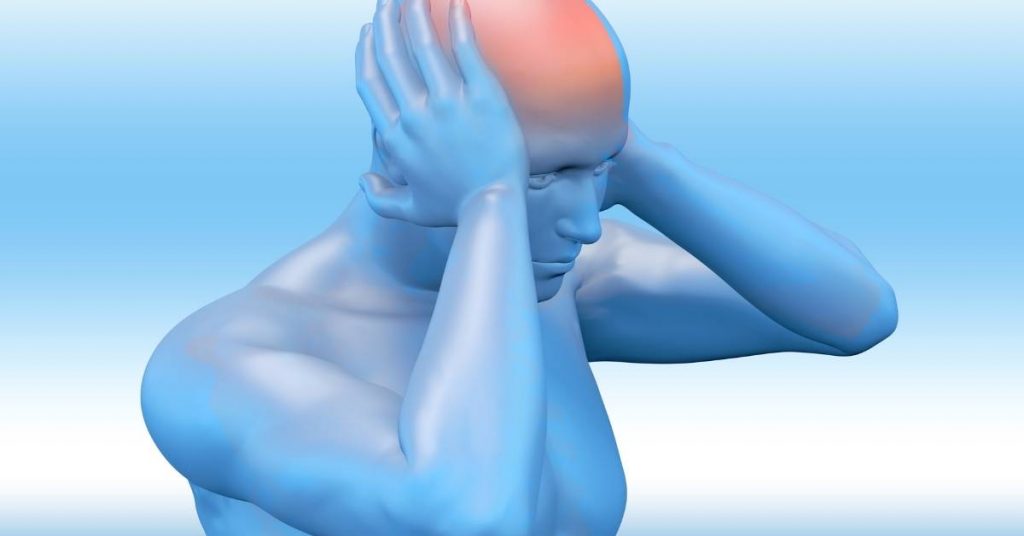 a 3D illustration of someone holding their head and temple, indicating TMJ-related tension or headache pain.