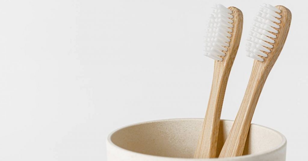 two bamboo toothbrushes with natural bristles resting in a light-colored holder