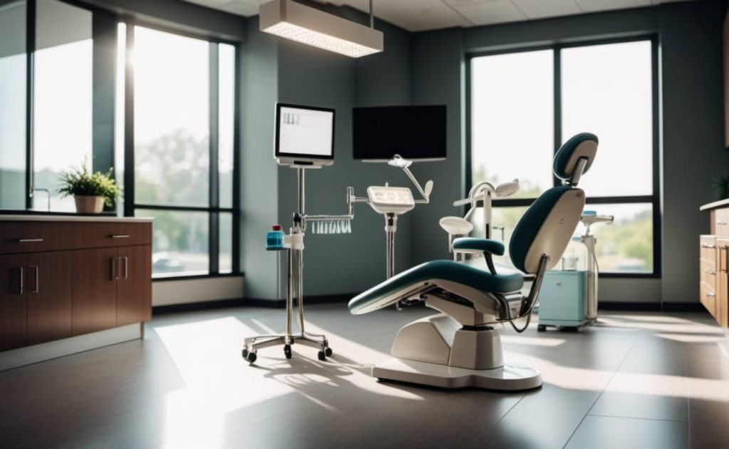 a modern dental chair setup in an oral healthcare clinic, showcasing professional dental equipment for hands-on clinical training
