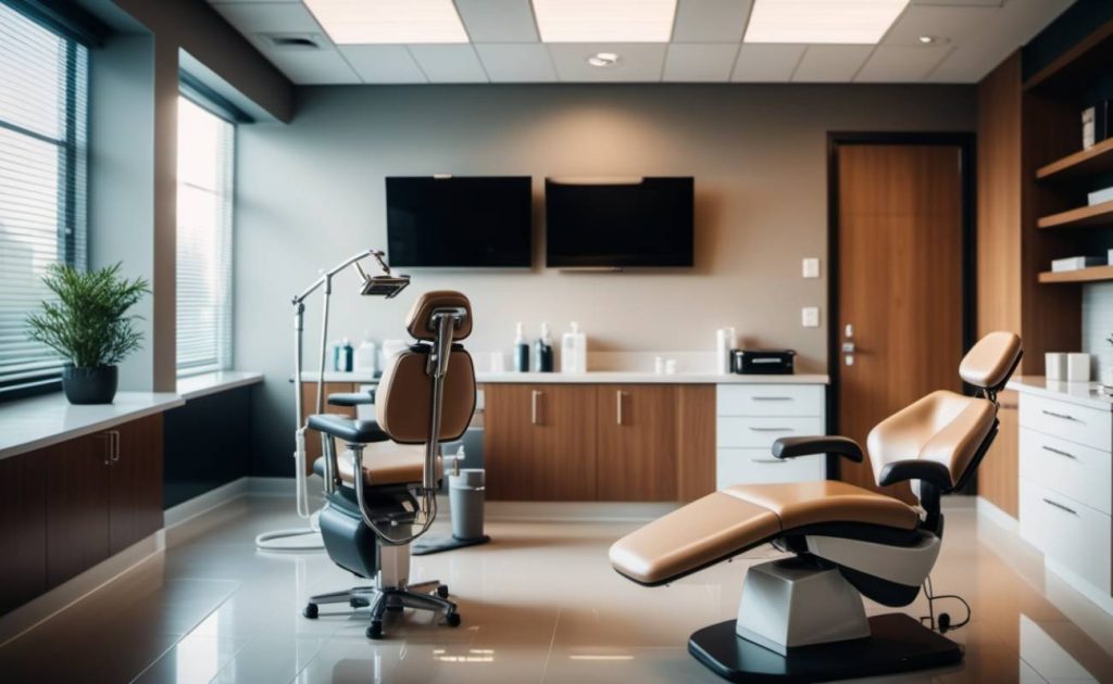 modern dental exam room with two adjustable chairs, overhead light, countertop storage, and mounted screens for dentist education