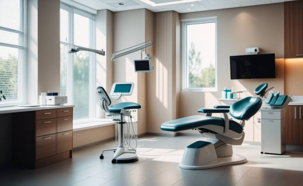 a modern dental clinic treatment chair with overhead dental light and monitor for advanced dental procedures, including restorative and preventive dentistry.