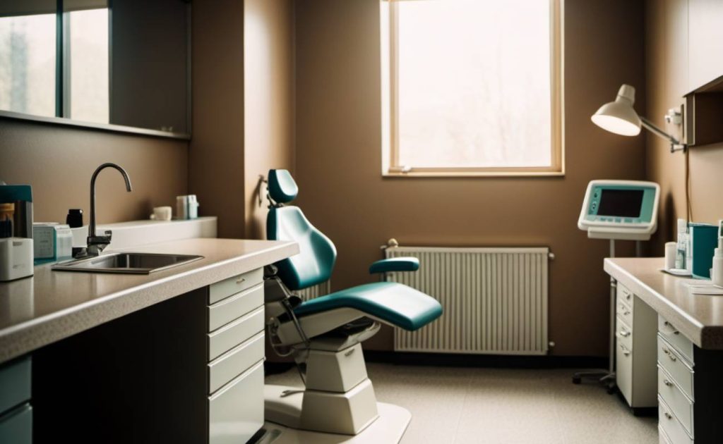 a modern dental exam chair and counter setup in a clean, well-lit Long Beach dental office promoting oral hygiene and care