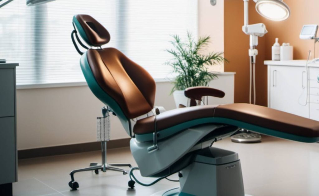 a modern dental chair in a clean, well-lit clinic setting, designed for patient comfort during oral health care.