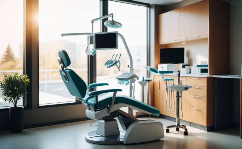 a modern dental chair with adjustable orthodontic equipment for straightening teeth, featuring advanced lighting and digital tools
