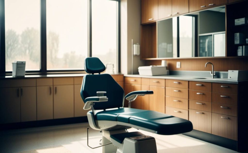 a modern dental chair in a well-lit Burbank oral healthcare clinic with wooden cabinets and large windows.