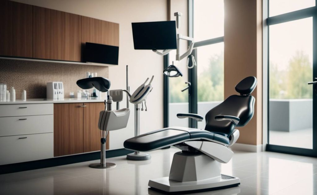 a modern dental clinic treatment chair with overhead dental tools, ready for patient care and dental emergency response.