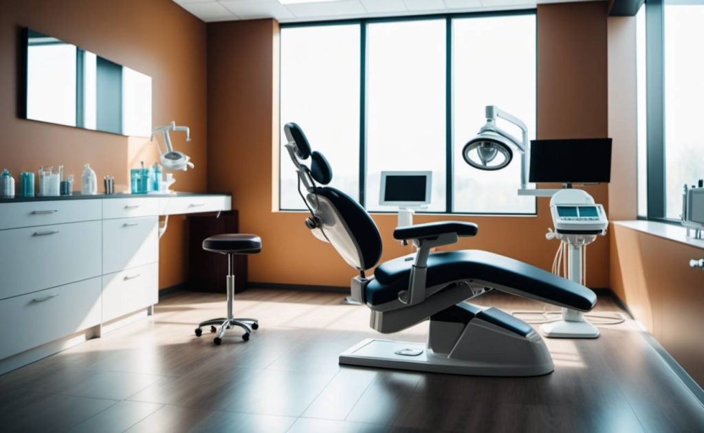a modern dental examination chair with overhead surgical light, dental tools, and countertop supplies in a well-lit clinic promoting oral hygiene practices