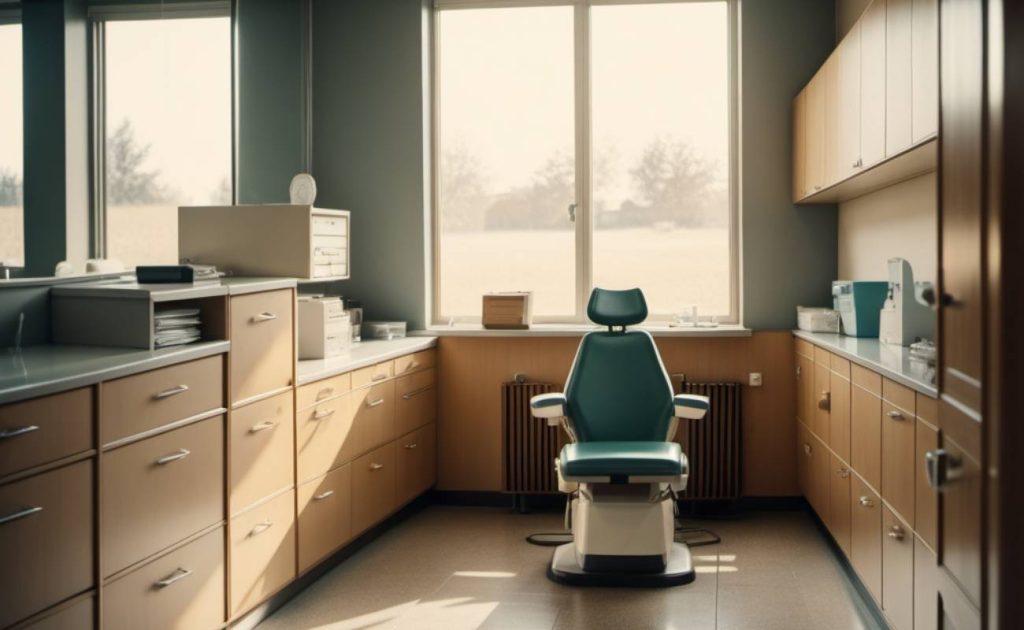 a modern dental treatment chair positioned in a well-equipped exam room for cosmetic dentistry procedures like dental bonding or veneers