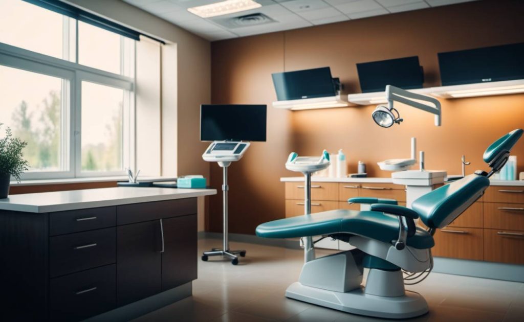 a modern dental clinic treatment room with dental chairs, overhead lights, and digital patient monitors for California dental practices