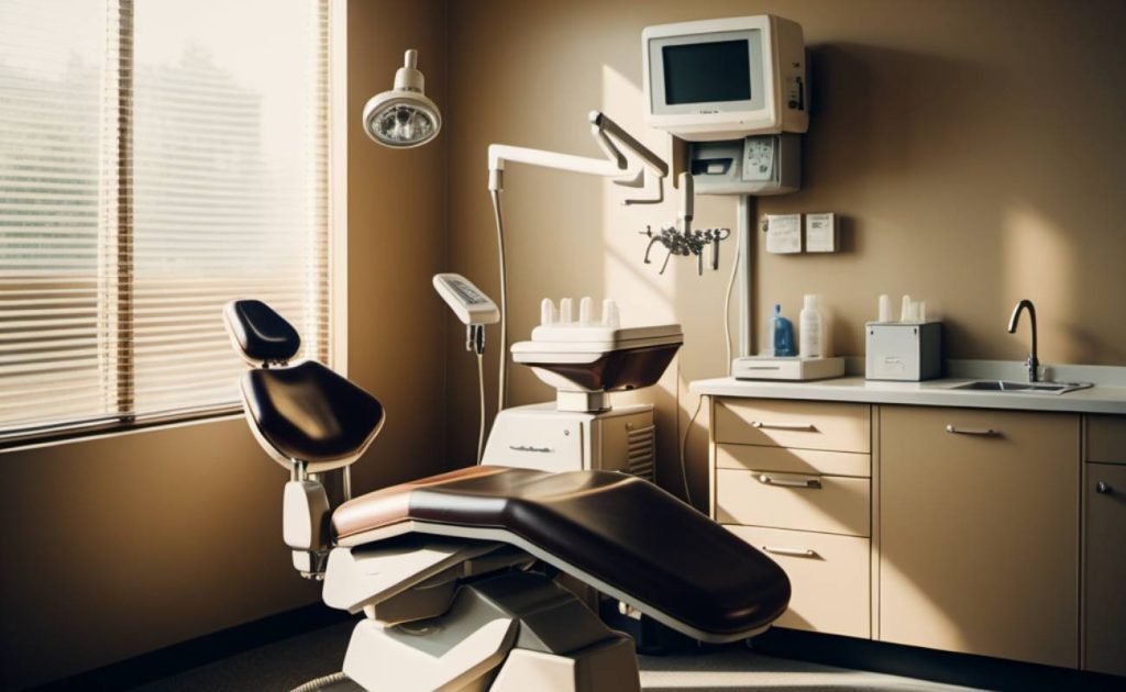a modern dental examination chair with overhead light and equipment for tooth stabilization procedures