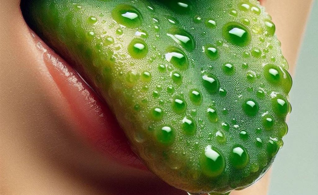 a close-up of a human tongue covered with greenish bumps and water droplets, potentially indicating a discoloration or coating.