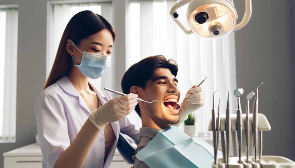 a dentist examining a patient’s open mouth with dental tools, focusing on oral health assessment