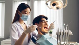 a dentist examining a patient’s open mouth with dental tools, focusing on oral health assessment