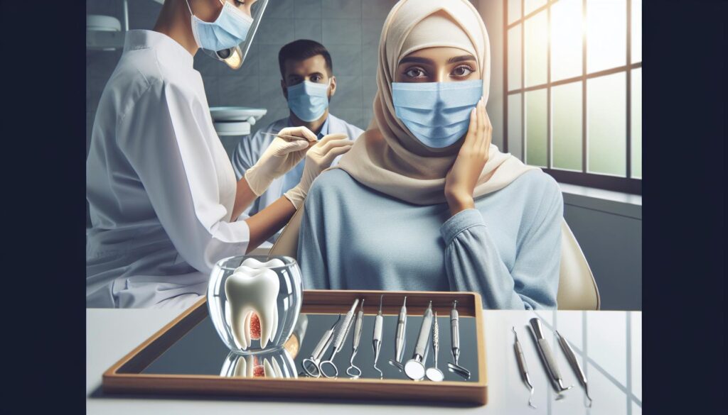 a dental patient wearing a hijab and face mask receiving treatment for a tooth issue while dental professionals in protective gear examine her, with dental tools and a model of an abscessed tooth in the foreground.