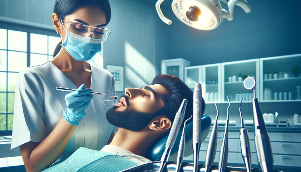 a dentist examining a patient’s mouth for signs of tooth decay using dental tools in a clinical setting