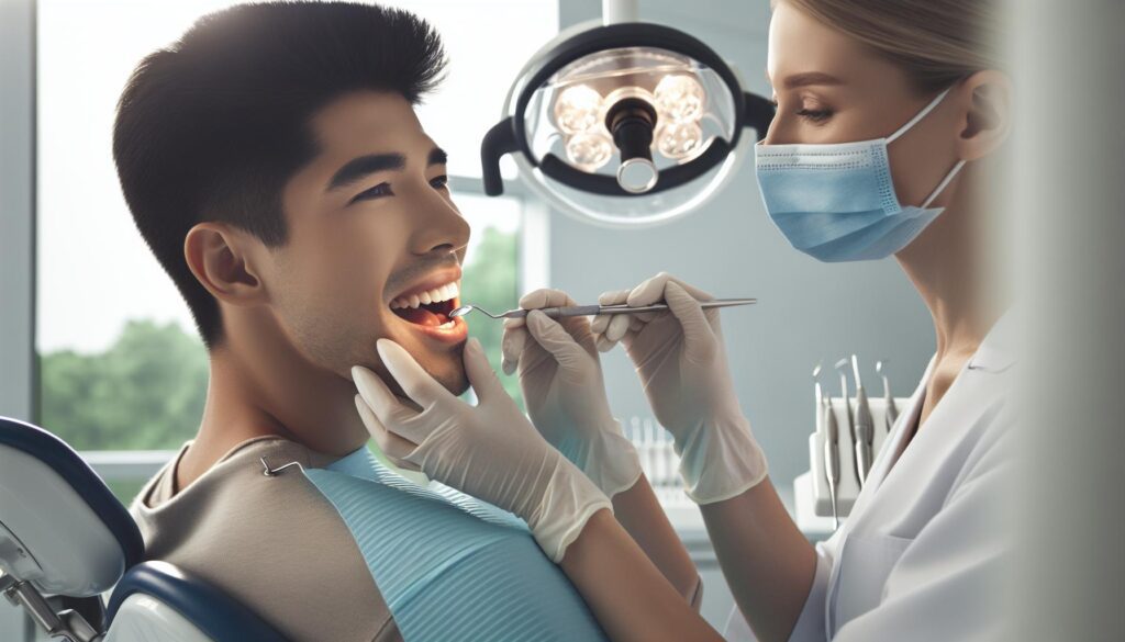 a dentist examining a patient’s teeth with dental tools, focusing on orthodontic or cosmetic dentistry treatment.