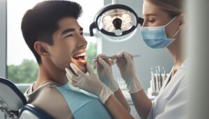a dentist examining a patient’s teeth with dental tools, focusing on orthodontic or cosmetic dentistry treatment.
