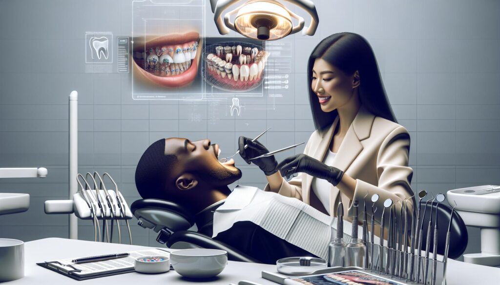 a dentist using advanced digital tools to examine a patient’s teeth during a modern dental procedure.