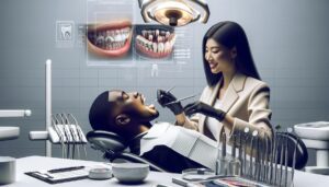 a dentist using advanced digital tools to examine a patient’s teeth during a modern dental procedure.