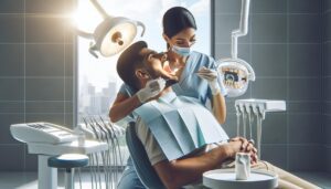 a dentist examining a patient’s mouth with a dental tool, assessing a broken tooth while the root remains intact in a professional clinic setting.