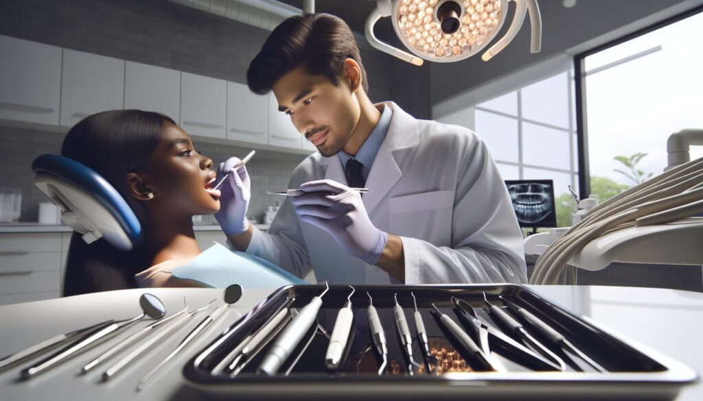 a dentist performing a precise dental procedure on a patient in a modern clinic using sterilized tools.