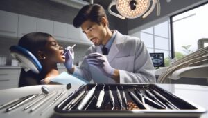 a dentist performing a precise dental procedure on a patient in a modern clinic using sterilized tools.