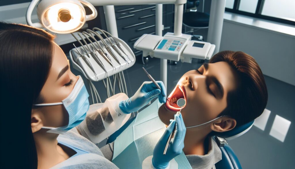 a dentist examining a patient’s mouth with a dental mirror, focusing on the tongue and oral cavity during a dental checkup.