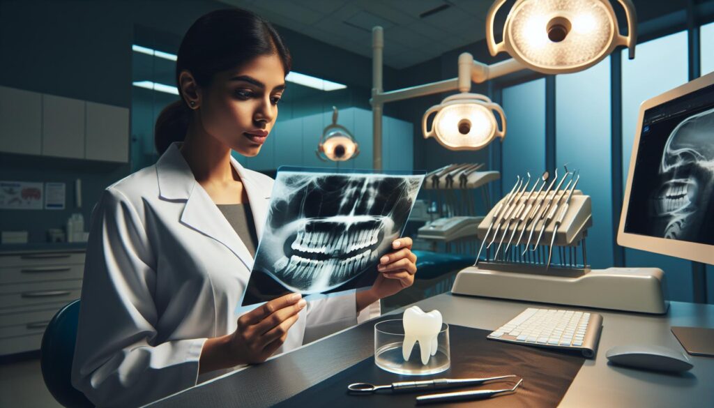 a dentist examining a panoramic dental X-ray of teeth with a crown, surrounded by dental tools and a model tooth on a clinic desk