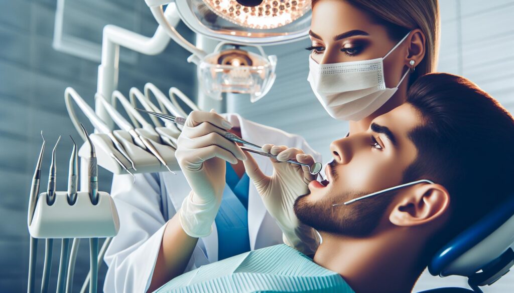 a dentist in protective mask examining a patient’s teeth using dental tools in a professional clinic setting
