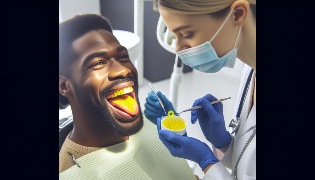 a dentist examining a patient’s yellow-coated tongue with dental tools while holding a yellow substance sample.