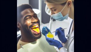 a dentist examining a patient’s yellow-coated tongue with dental tools while holding a yellow substance sample.