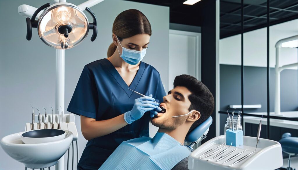 a dentist examining a patient’s teeth with dental tools, highlighting potential connection between dental problems and oral health procedures.
