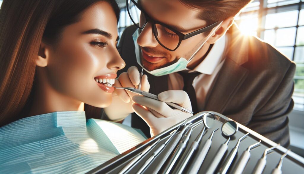 a dentist examining a patient’s teeth with dental tools, focusing on oral health during a check-up.