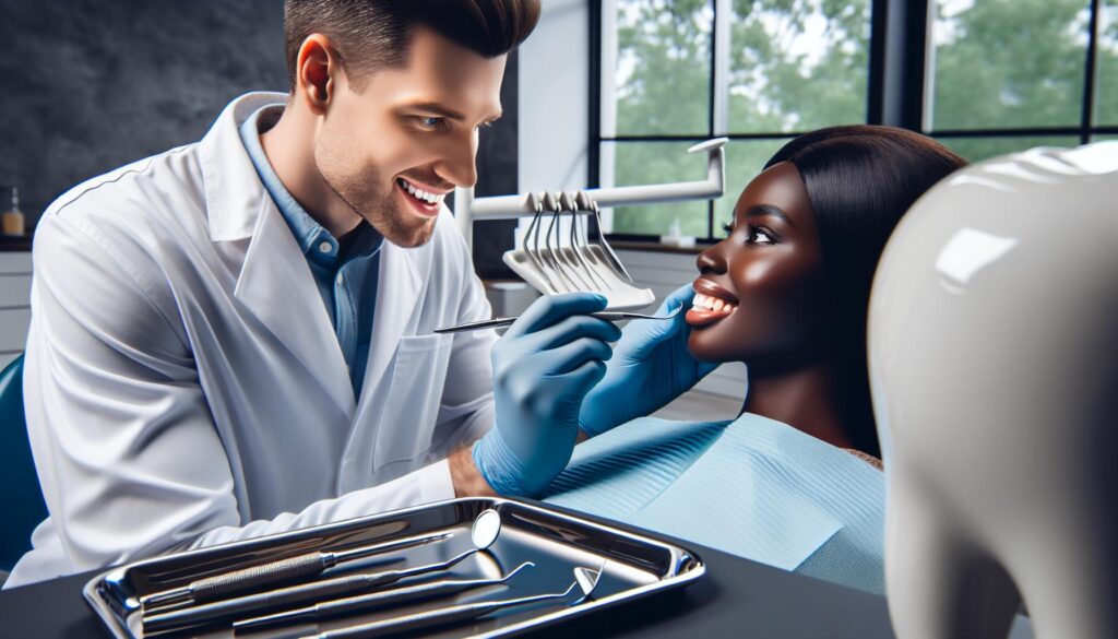 a dentist examining a patient’s teeth with dental tools, highlighting oral health care and potential sources of bad breath from tooth decay.