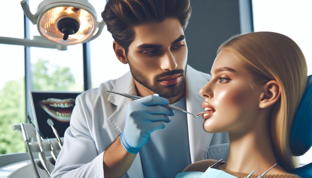 a dentist examining a patient’s tooth for signs of trauma-related discoloration using dental instruments in a clinic setting.
