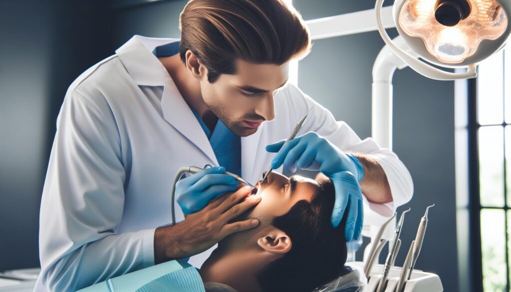 a dentist administering dental sedation using nitrous oxide while a patient reclines in a dental chair.