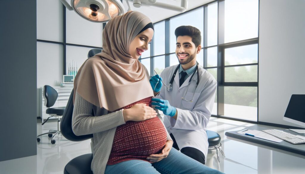 a pregnant woman smiling with a dentist examining her teeth in a modern clinic setting