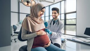 a pregnant woman smiling with a dentist examining her teeth in a modern clinic setting