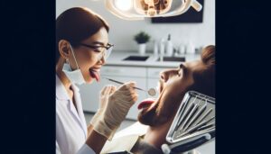 a dentist examining a patient’s mouth with a dental mirror, focusing on the tongue tip area during an oral health checkup.