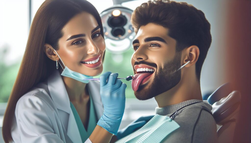a dentist examining a patient’s tongue with a small mirror, highlighting oral health care.