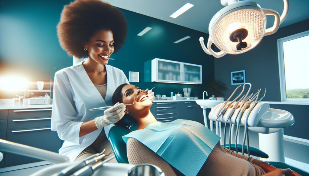 a dentist administering local anesthesia to a pregnant patient in a dental chair during a dental procedure.