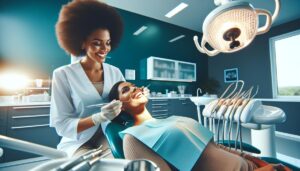 a dentist administering local anesthesia to a pregnant patient in a dental chair during a dental procedure.