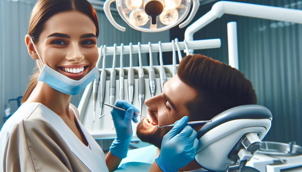 a dentist in protective gear smiling while examining a patient’s teeth in a dental chair, focusing on a dental repair procedure.