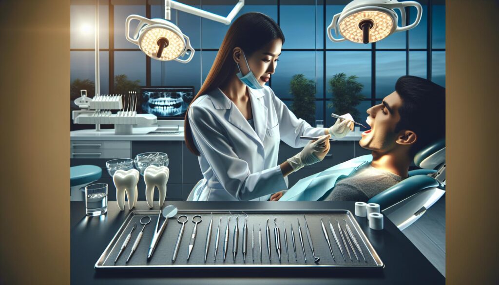 a dentist examining a patient’s teeth for cavity-related tooth decay during a dental check-up, surrounded by dental tools and models.