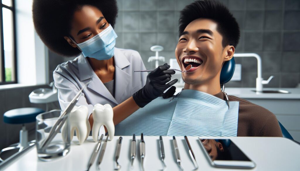 a dentist examining a patient’s teeth with dental tools, highlighting oral hygiene care in a clinical setting