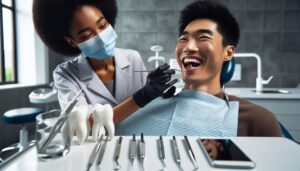 a dentist examining a patient’s teeth with dental tools, highlighting oral hygiene care in a clinical setting