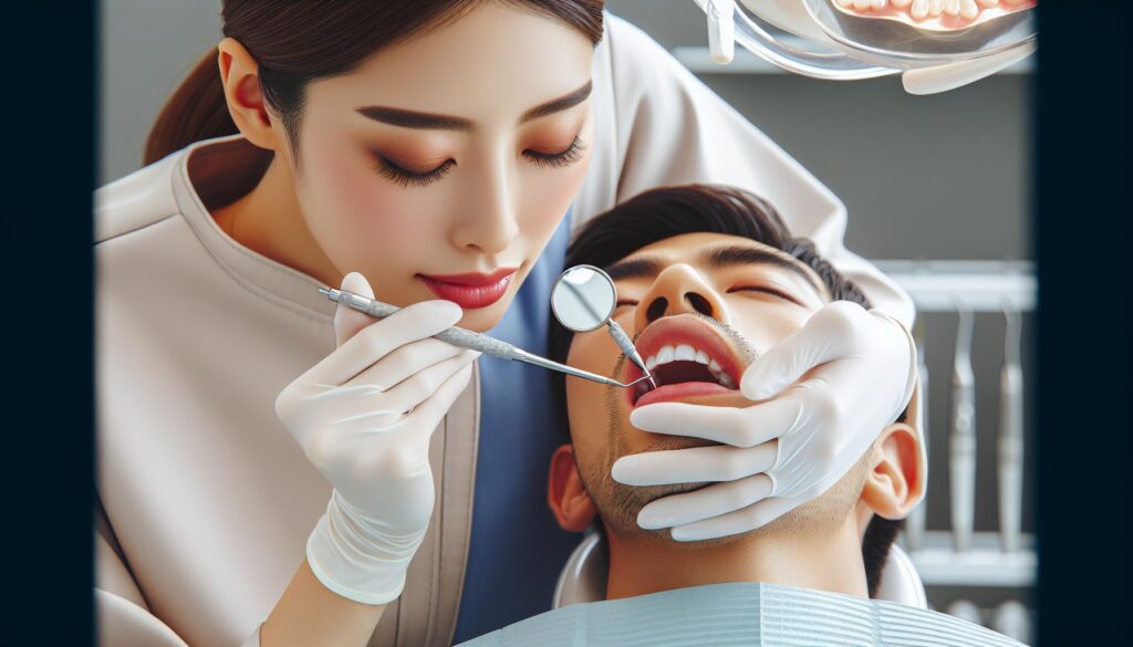 a dentist examining a patient’s mouth with a dental mirror and probe during an oral hygiene checkup