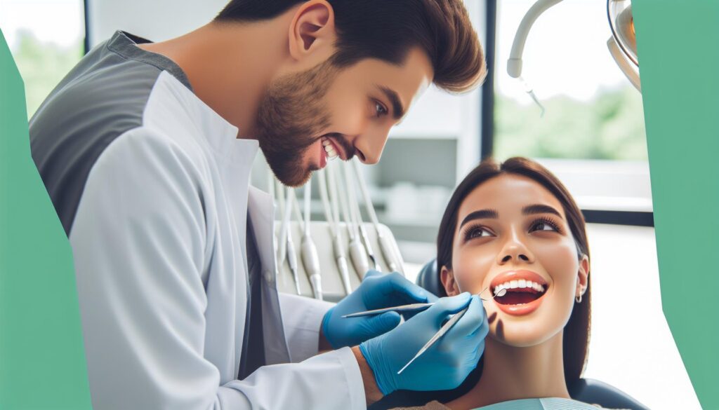 a dentist examining a patient’s teeth for oral health, focusing on dental hygiene and potential tooth decay issues.