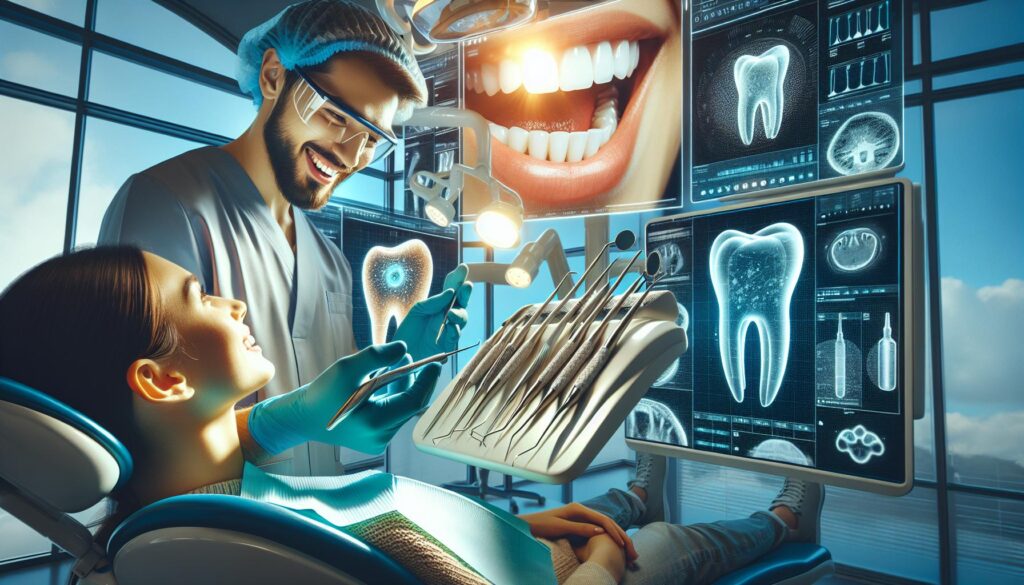 a dentist using advanced tools to examine a patient’s teeth, with holographic displays showing dental hygiene, tooth structure, and oral care techniques for maintaining clean dental veneers.